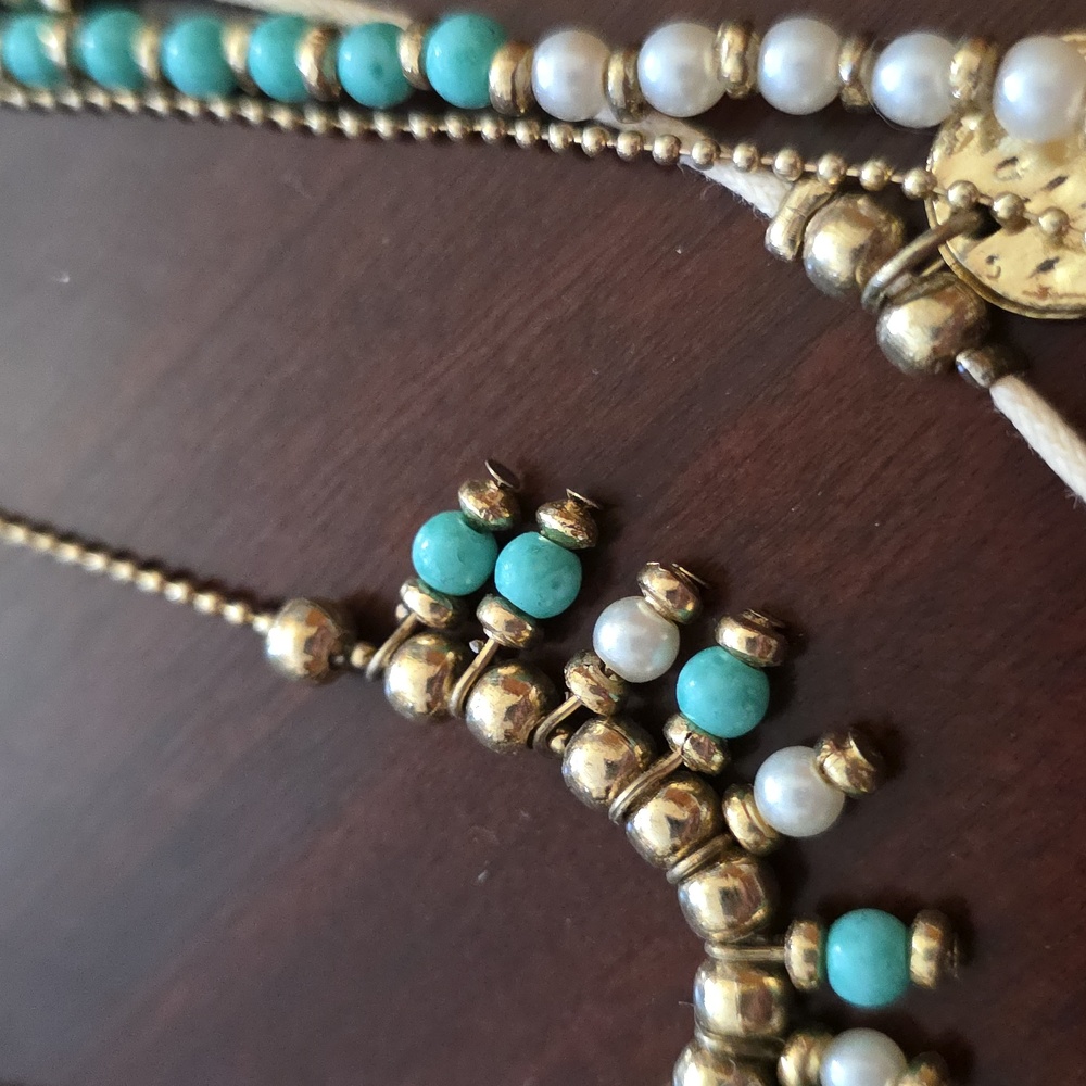 Layered Gold and Turquoise Boho Handmade Necklace - Picture 4 of 5